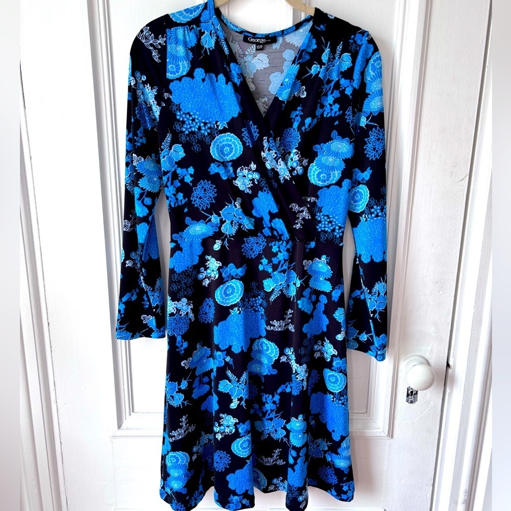 Women’s Vintage George Black &Blue Stretchy Floral V Wrap Dress Size XS